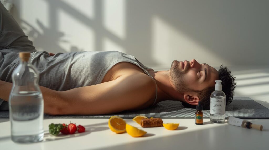 Holistic wellness and recovery scene with a young adult meditating and stretching after workout, surrounded by healthy snacks, water, and soft natural lighting, representing mind-body balance, fitness, and wellbeing.