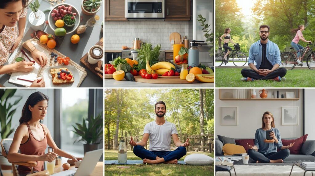 "Adults in a US/European park practicing a healthy lifestyle, including morning routines, balanced nutrition, exercise, hydration, mental wellness, sleep, and mindfulness."