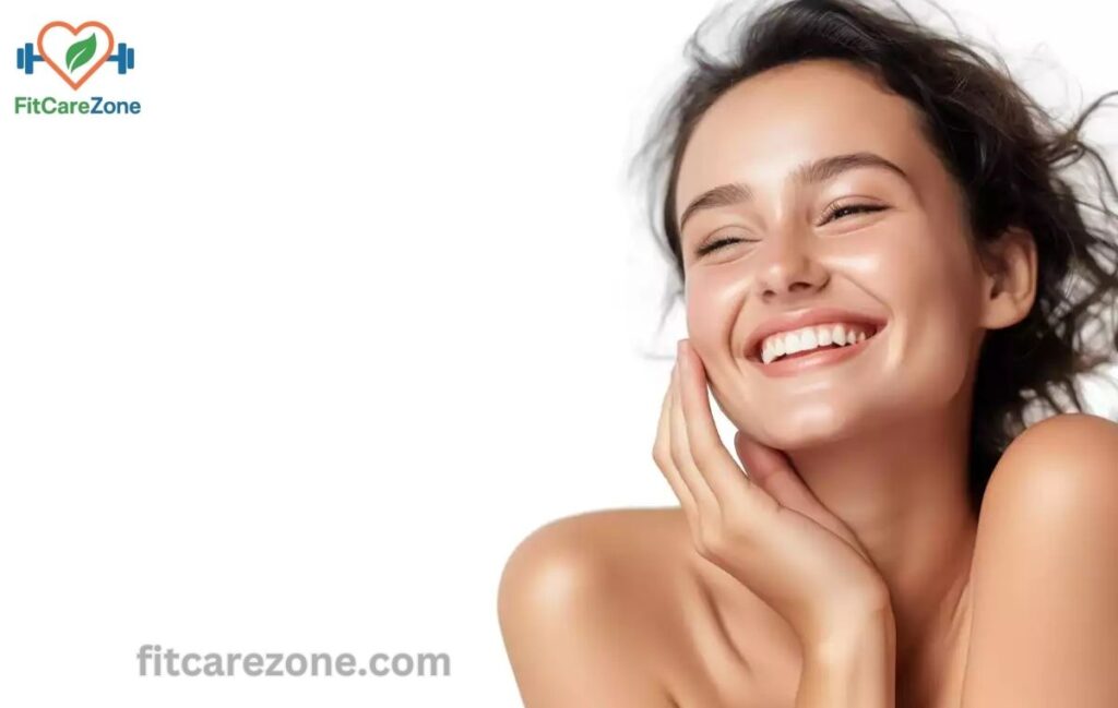 woman with naturally glowing radiant skin at home